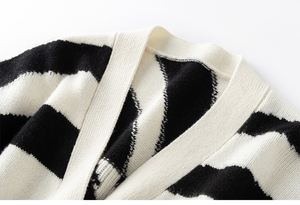 Produttore di maglieria personalizzata europa Trendy da donna con scollo a V a maniche lunghe zebrate a righe maglione <span class=keywords><strong>Cardigan</strong></span> lungo - Product Image 2