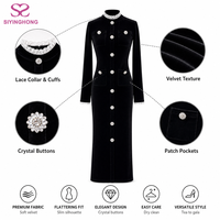 Robe de soirée longue en velours personnalisée pour femme, col montant, manches à volants en dentelle, boutons décoratifs en perles, dos vintage, vente en gros