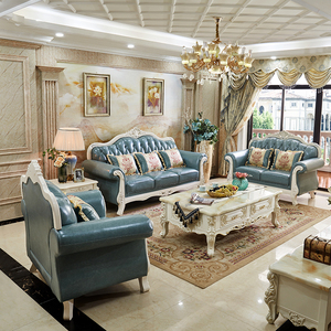 Phong Cách Châu Âu Sang Trọng Rắn Gỗ Khắc Lớp Trên Da Bò Sofa Kết Hợp 123 Phòng Khách Đầy Đủ Thiết Lập Cho Nhỏ Vừa Khách Sạn - Product Image 4