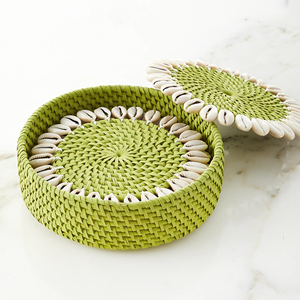 Juego de 4 Posavasos con Adornos de Conchas, Posavasos de Mimbre y Ratán Estilo Boho, Posavasos Hechos a Mano para el Hogar, Bodas y Restaurantes - Product Image 6