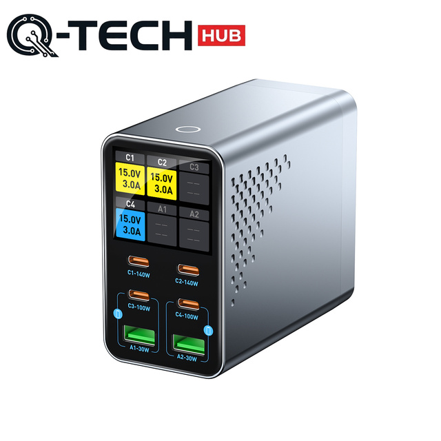 140w gan 6-port usb charger with tft digital display, multi-port pd fast charging station for laptops and mobile phones