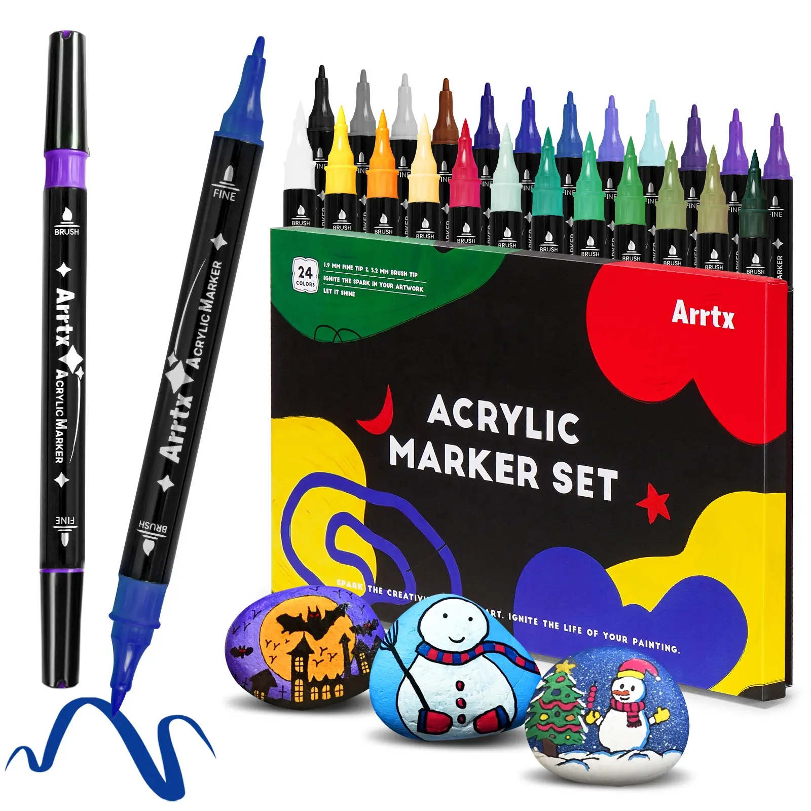 Arrtx Acrylic Paint Pens 24 Colors Acrylic Paint Marker Pens for Glass Rock Painting Stone Fabric