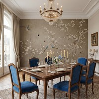Papier peint floral brodé chinois classique, motif brodé à la main de fleurs de prunier marron et d'oiseaux pie, murale décorative pour chambre, hôtel, maison
