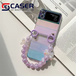 Coque de téléphone en duvet Laser coloré avec Bracelet papillon rose Lucency PC coque de téléphone portable dur pour Samsung Zflip 3/4