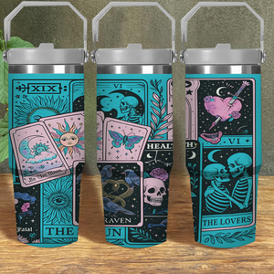 Gobelet isotherme 30oz avec poignée, motif Cartes de Tarot Mystiques, squelette et sorcière, rose turquoise, Mug de voyage, Stock USA, Cadeau gothique pour les amateurs de Tarot - Product Image 1