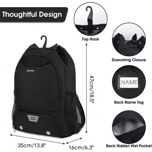 Sac à dos de sport en mesh noir pour basketball, football, volley-ball, avec compartiment pour ballon et chaussures, fabriqué en usine BSCI - Product Image 1