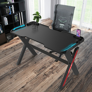 高級ブラック100cm RGB LEDレーシングゲームデスクX型エクステンダ付きカップホルダー人間工学に基づいたPCラップトップコンピュータテーブルカーボン製 - Product Image 2
