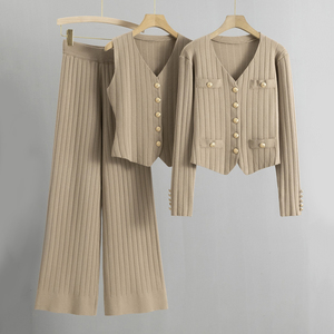 Set di 3 Pezzi <span class=keywords><strong>Moda</strong></span> Autunno Inverno per Donna: Maglione in Lana con Scollo a V, Cardigan con Bottoni e Gilet Lavorato a Maglia con Bordo in Pelliccia, Stile High Street - Product Image 1