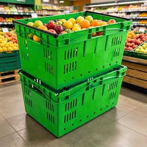 Cestas de plástico de malla comerciales para recolección de tomates y bayas, diseño plano, asas anchas para manos con guantes, cajas de almacenamiento apilables - Product Image 1