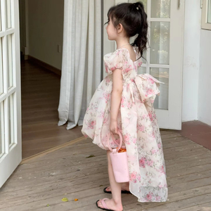 Venta al por mayor 2025 verano Floral Puff manga arco espalda niños niñas vestido de baile - Product Image 2
