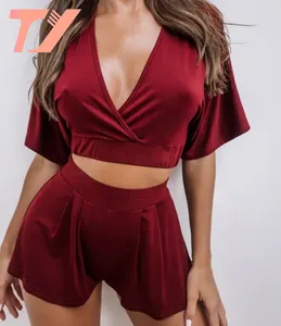 Tuoyi lingerie loungewear com decote em v, azul, manga curta, cropped, conjuntos de pijamas para mulheres, verdes, malha, sexy, roupa de dormir