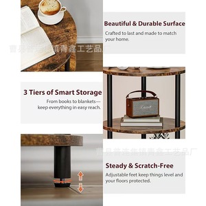 Retro Round Wood Iron Storage Shelf 3 Tier <b>Sofa</b> Side Table Multipurpose Living Room Furniture - Product Image 4