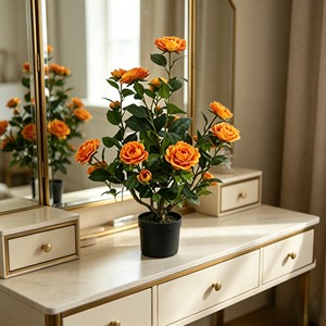 Lifelike orange camellia blossom stem with layered petals for elegant <b>bridal</b> bouquet & table centerpiece - Product Image 6