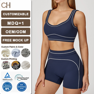 Conjunto de Yoga para Mujer Color Block con Sujetador y Pantalones Cortos, Dos Piezas, Doble Tirante, Ropa Deportiva Premium, Tejido Ajustado y Transpirable - Product Image 1