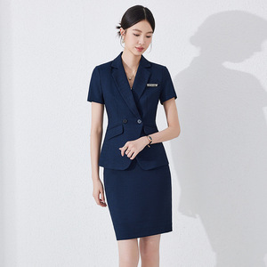 Women's Short Sleeve Suit Set Navy Blue <b>Wool</b> Blend Anti-Wrinkle Office Lady Summer Workwear Professional Formal Wear - Product Image 3