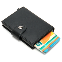 Dompet pria kulit asli, pemblokir RFID Anti magnetik, pemegang kartu kredit ID dengan kancing penutup warna Solid