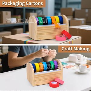 Wooden Tape Cutter With Colorful Rolls <b>Desktop</b> Organizer For Craft And Office Use - Product Image 4