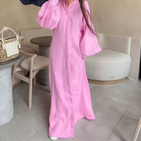 Robe longue en lin pour femme, décontractée et minimaliste, idéale pour les vacances, personnalisée, à col montant, simple boutonnage, manches lanternes et taille cintrée