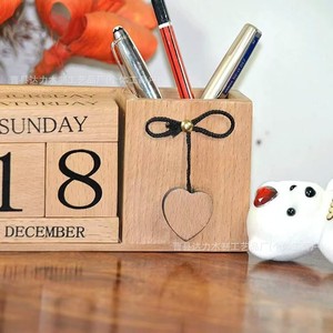 Wooden Desktop <b>Calendar</b> With Pen Holder Square Solid Wood Creative Ornament For Home Office Desk Use - Product Image 1