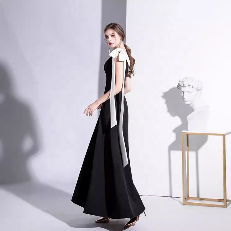 black and white floral formal dress Strapless Long Black Prom Dress with White Bow– PromGirl main image 0