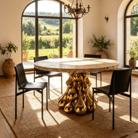 Table à manger ronde de luxe en marbre avec base sculptée en forme de goutte d'eau dorée, table de designer pour villa, hôtel, salle à manger