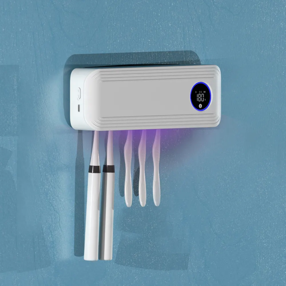 Brosse à dents pour la famille, désinfectant mural UVC UVA LED Light brosse à dents domestique stérilisateur support avec ventilateur sec