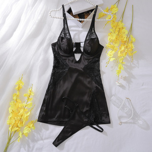 New Style Deep-V Neck Satin Dress Two Piece Lingerie <b>Set</b> <b>Sexy</b> Erotic Hollow Smooth <b>Bra</b> Brief <b>Set</b> - Product Image 5