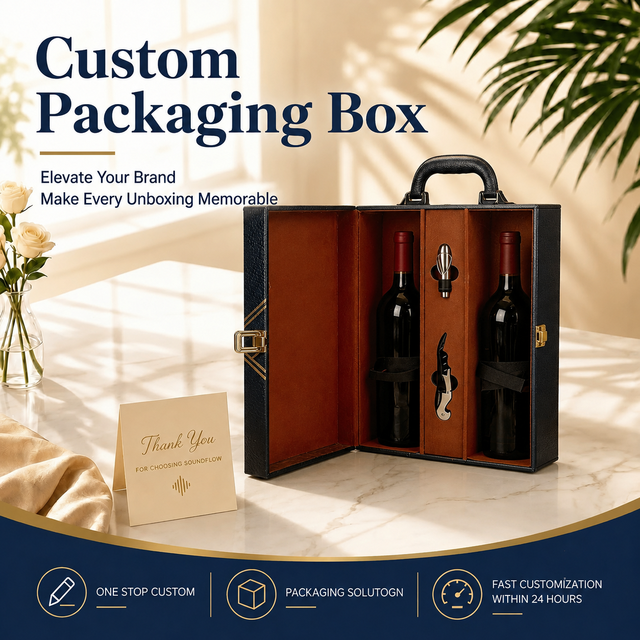 Custom Black Leather Double-Bottle Wine Box with Built-In Tools for Corporate Gifting