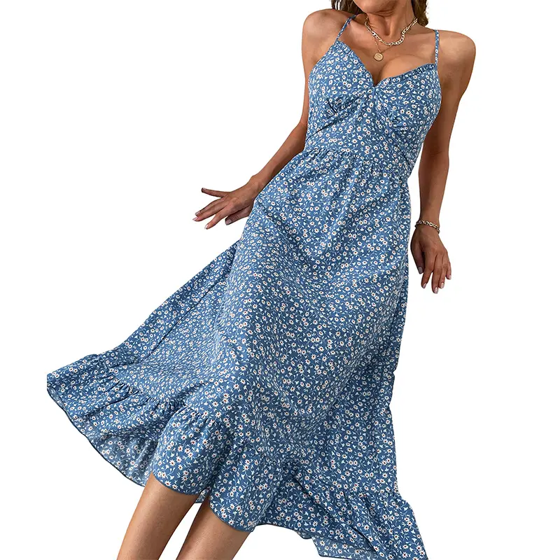 Сарафаны с открытой спиной, элегантные цветочные платья с оборками, женское Повседневное платье, летнее платье макси на бретелях-спагетти 2023
