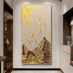 Hand Painted Oil Painting Nine Fish Wealth Mountain Scene 3D Effect Contemporary <b>Art</b> Wall Hanging for Hallway Entryway Decor - Product Image 2