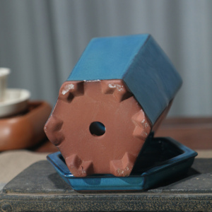 Hexagonal <b>Ceramic</b> <b>Flower</b> <b>Pot</b> With Tray Blue Glaze Bonsai Planter Desktop Plant Container - Product Image 4