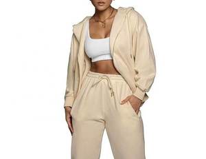Crop ritsleting katun Hoodie pelari Set penuh Zip up Hoodies Sweatpants 2 dua potong Set wanita pakaian Hoodie dan pelari Set