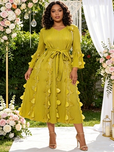 Robe plissée élégante Yuhong Miyake grande taille pour femmes africaines, couleur unie, motif floral, avec ceinture, style décontracté et modeste <span class=keywords><strong>Miyaki</strong></span> - Product Image 5