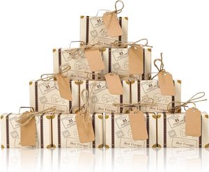Mini valise boîte à dragées, petite boîte cadeau 3"x2"x1.2" avec étiquettes pour fête sur le thème du voyage, mariage - Product Image 1