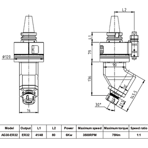 Tête d'angle DRAKE ER16/ER20/ER32/ER40 à 30 degrés, Tête d'angle de fraisage horizontal 30 degrés BT30 ISO30 HSK30 CAT30 - Product Image 2