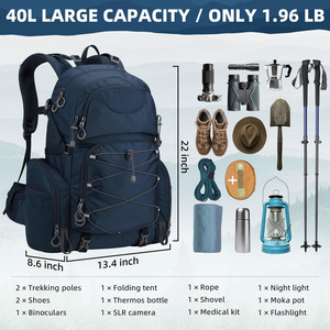 กระเป๋าเป้เดินทางน้ำหนักเบาแบบ unisex ขนาด 40 ลิตร กันน้ำ สำหรับตั้งแคมป์และเดินป่า พร้อมผ้าคลุมกันฝน - Product Image 2