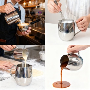 Jarra de leche de acero inoxidable con forma de tambor y mango ergonómico para espumar café, 500 ml - Product Image 3