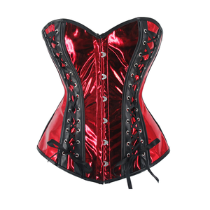 Corsetto Bustier Steampunk per Donne, <span class=keywords><strong>Sexy</strong></span> Top Rosso con Lacci Frontali, Corsetto Traspirante in Finta Pelle Metallizzata e Raso - Product Image 1