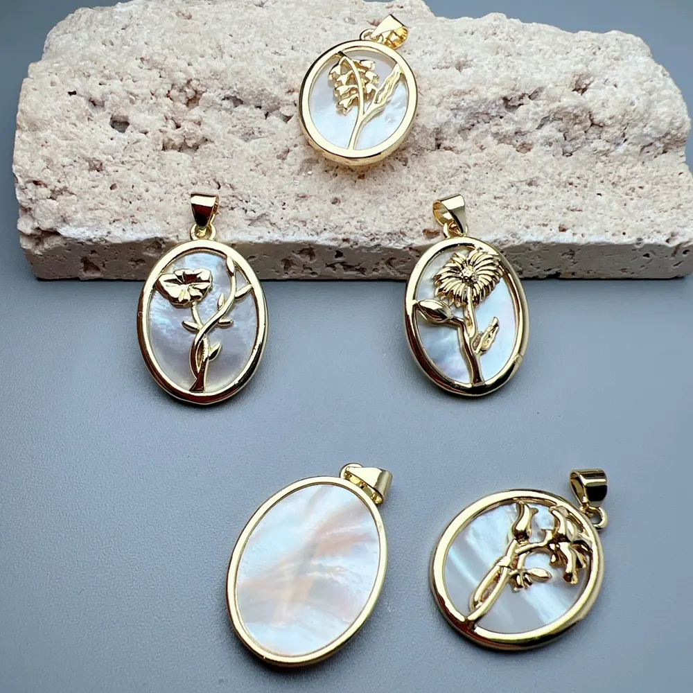Grosir liontin bunga Oval mode untuk membuat perhiasan logam ibu dari kerang mutiara Aksesori jimat kalung