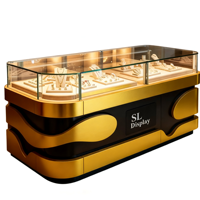 Moderne, Robuste, Umweltfreundliche Glas-Holz-LED-Beleuchtung Goldene Schmuckvitrine Anpassbares Thekendisplay für Schmuck