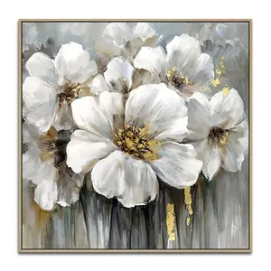 Handmade Modern Canvas Painting Wall Art Gold White Floral Picture Abstract Flowers Paintings