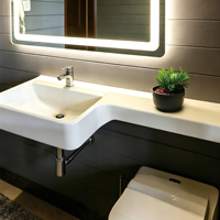 Évier de salle de bain mural en résine de style japonais, durable, étanche et écologique, avec plateau de vanité découpable sur mesure pour petits espaces