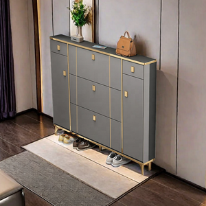 Mobiletto Portascarpe Sottile Scanalato per Ingresso, Bianco Crema, con Cassetti Ribaltabili, Organizzatore Salvaspazio per Corridoio con Dettagli Dorati - Product Image 4