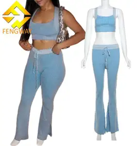 Fengway 2024 ลายสองชิ้นชุดCroppedถังด้านบนและกางเกงFlaredชุดฤดูร้อนเสื้อผ้าสตรีPatchworkเสื้อผ้าผู้หญิงชุด