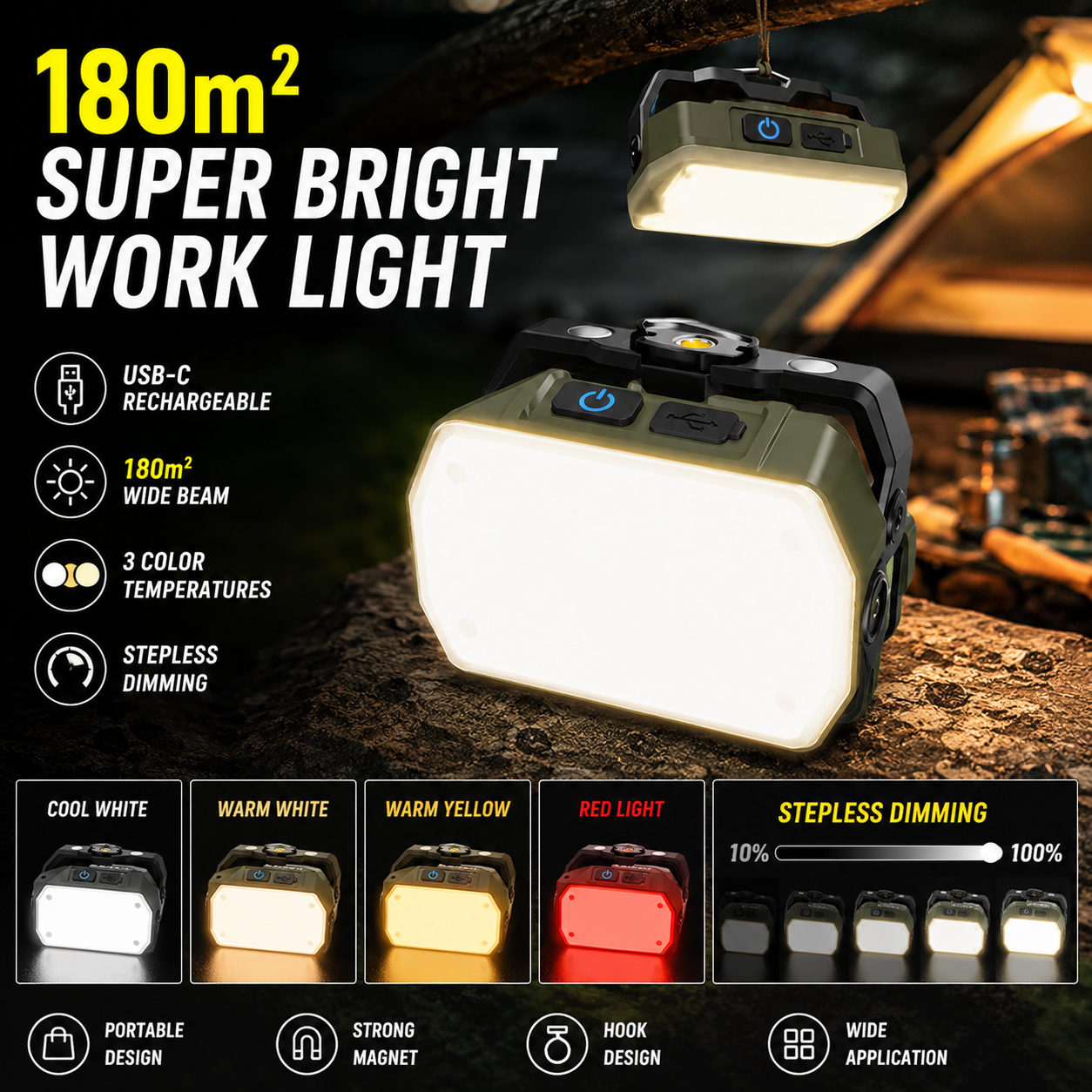 Magnetic Rechargeable Bright Work Light IP44 Portable Inspection Lamp Emergency Flood Light for Workshop Repair Camping Outdoor