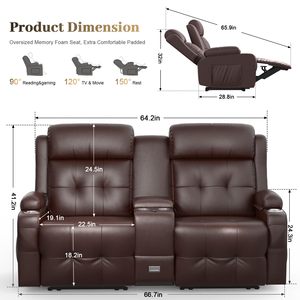Canapé deux places inclinable massant avec console, rangement USB et porte-gobelets, idéal pour camping-car - Product Image 2