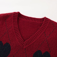 Pull en tricot jacquard rétro de Noël à motif cœur et losanges rouges pour femme, col en V, coupe ample, épaules tombantes, décontracté pour l'automne