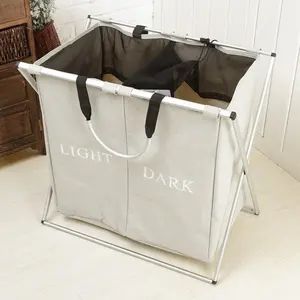 Hot Selling Use Home Cotton Fabric Can Folding 2 Compatment Storage Laundry Hamper With Hamdle