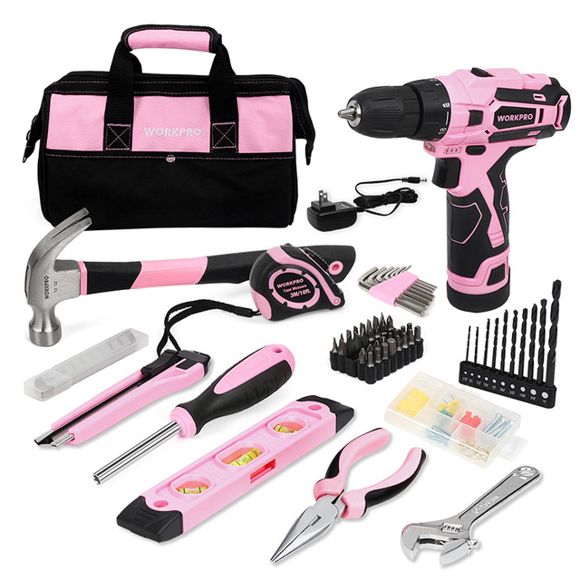WORKPRO 61 Pieces Hand Tool for DIY Home Maintenance 12V Pink Cordless Power Drill Home Tool Kit
