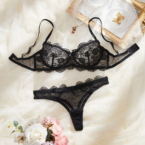 Set Intimo Sexy Due Pezzi <span class=keywords><strong>Nero</strong></span> Floreale Trasparente Ricamato con Reggiseno Push-up con Ferretto e Slip a Vita Bassa con Spalline Regolabili e Perizoma - Product Image 1